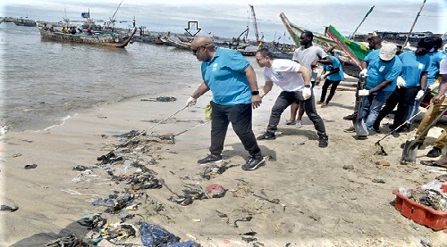 Charles Abani (arrowed), the UN Resident Coordinator in Ghana, leading the clean-up exercise at Ussher Fort in Accra. Picture: EMMANUEL QUAYE